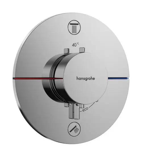 Thermostatischer Mischregler für Dusche mit rot-blauer Temperaturmarkierung, Marke Hansgrohe. Enthält Eco-Funktion und zwei Verbraucheranschlüsse.